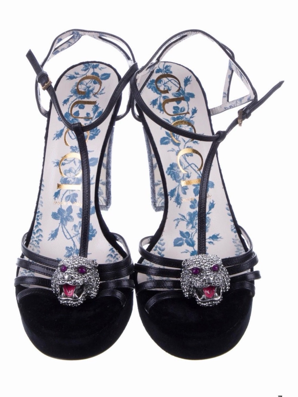 Gucci Black T-Strap Velvet Heels with Crystal Leopard Heads